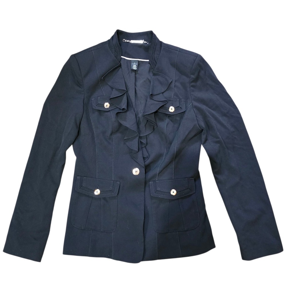 White House Black Market Ruffle Blazer Gold Buttons Military Style Jacket Size 6